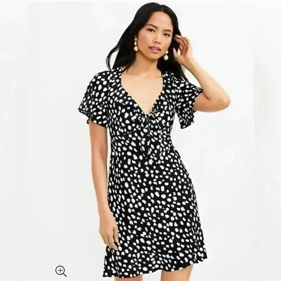 LOFT NWT Dotted Tie Front Flare Dress - Picture 1 of 9